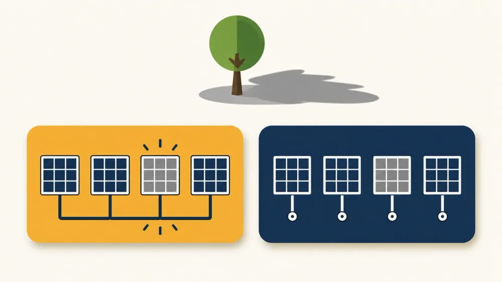 Infographic comparing a string-wired solar panel row where shade on one panel affects the whole line against a microinverter row where shading stays isolated to one panel.