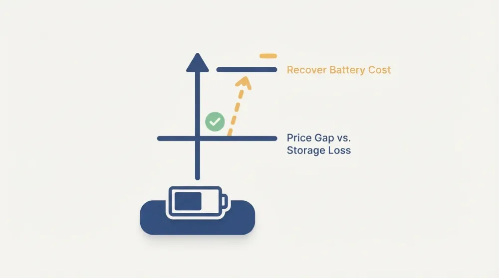 Infographic showing a home battery clearing the price-gap hurdle but reaching only a quarter of the way toward recovering its own cost under time of use rates.