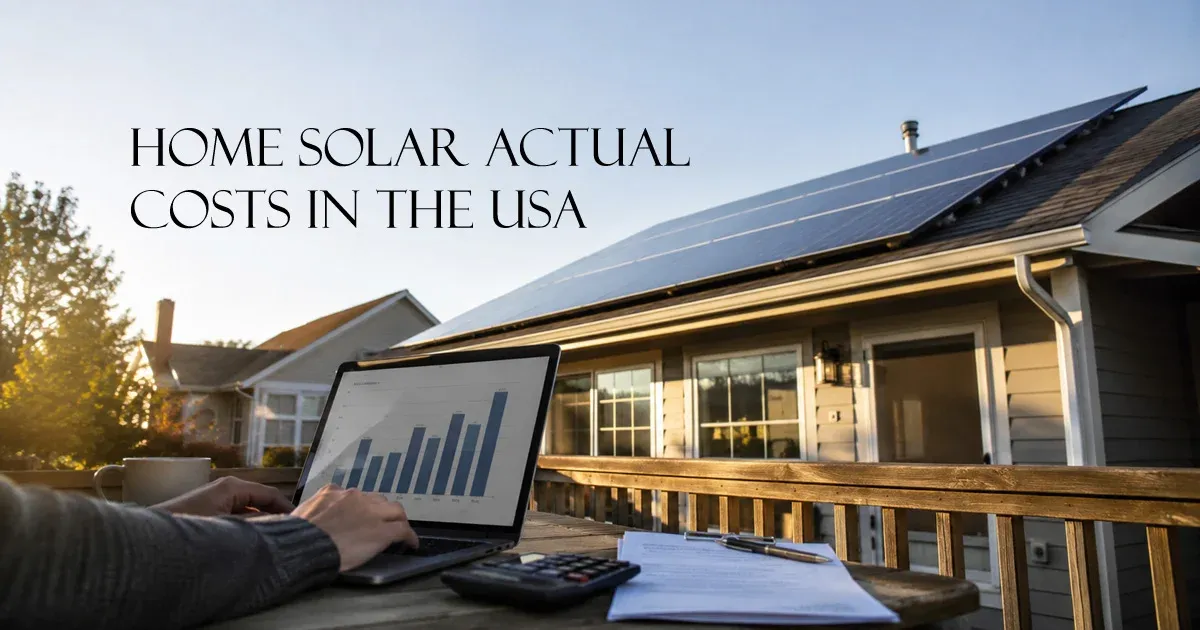 Rooftop solar panels on a modern US home with a laptop showing cost data on an outdoor table