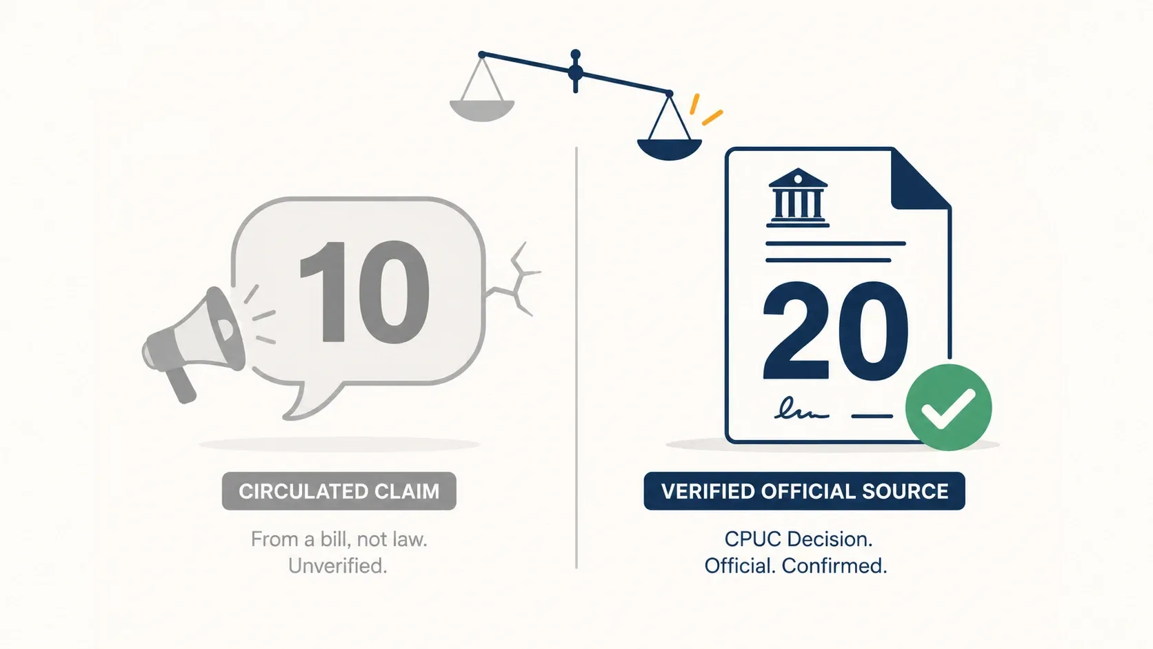 Infographic contrasting an unverified '10 year' claim with California's actual verified 20-year NEM 2.0 decision
