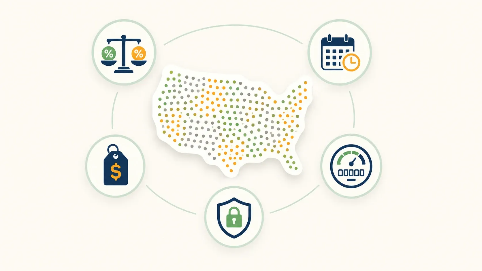 Map-style infographic showing net metering varying by state, driven by five factors: credit rate, settlement, caps, grandfathering, and fixed charges