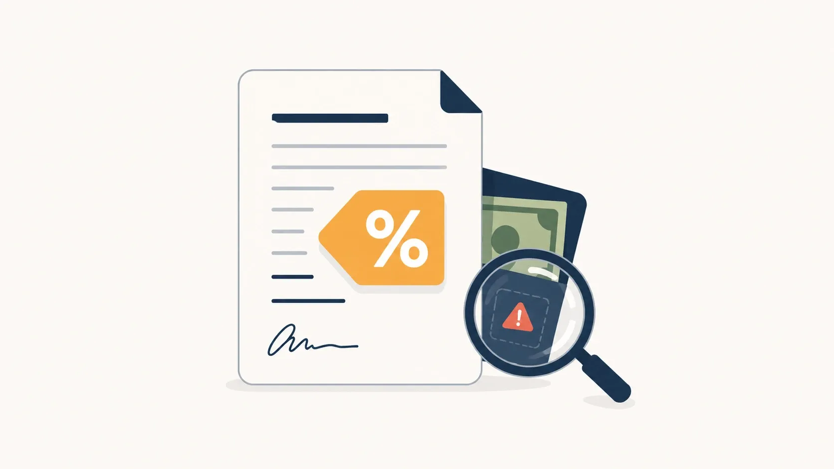 Illustration of a solar loan document with an interest rate and magnifying glass highlighting potential hidden fees