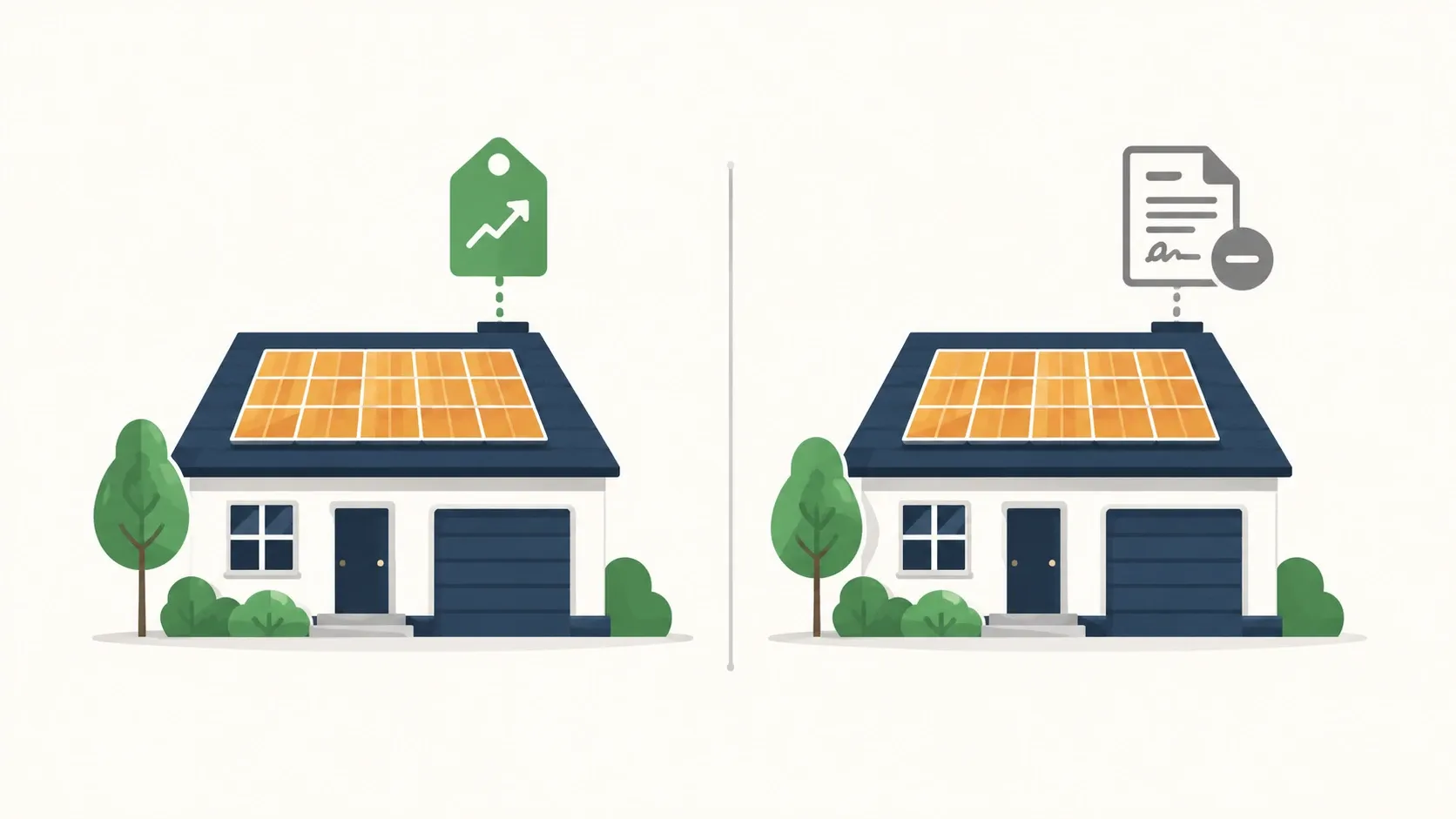Illustration comparing an owned solar home with a rising value icon against a leased solar home with no resale premium, based on LBNL researc