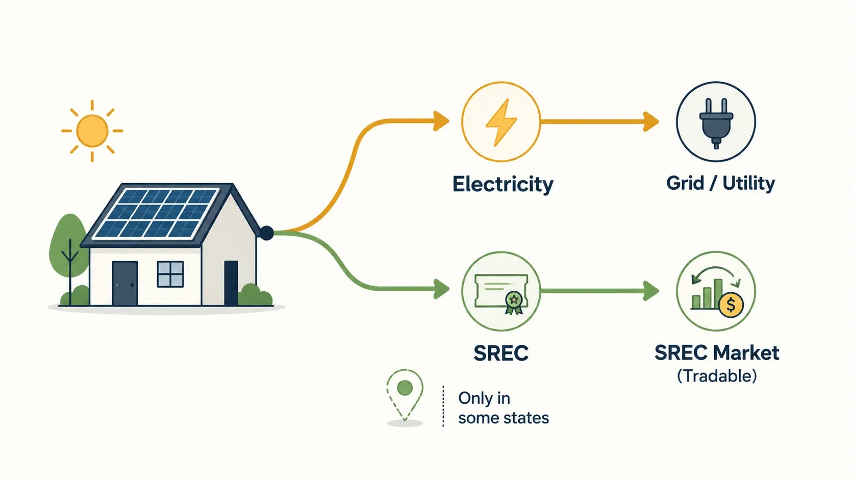 Diagram showing solar electricity and SRECs as two separate outputs, with SRECs tradable only in states with a solar requirement